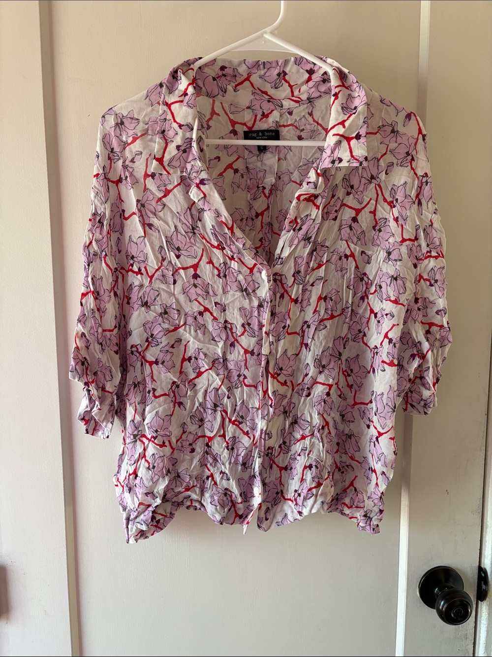 rag & bone White Button-Down Shirt with Pink & Red Floral Pattern